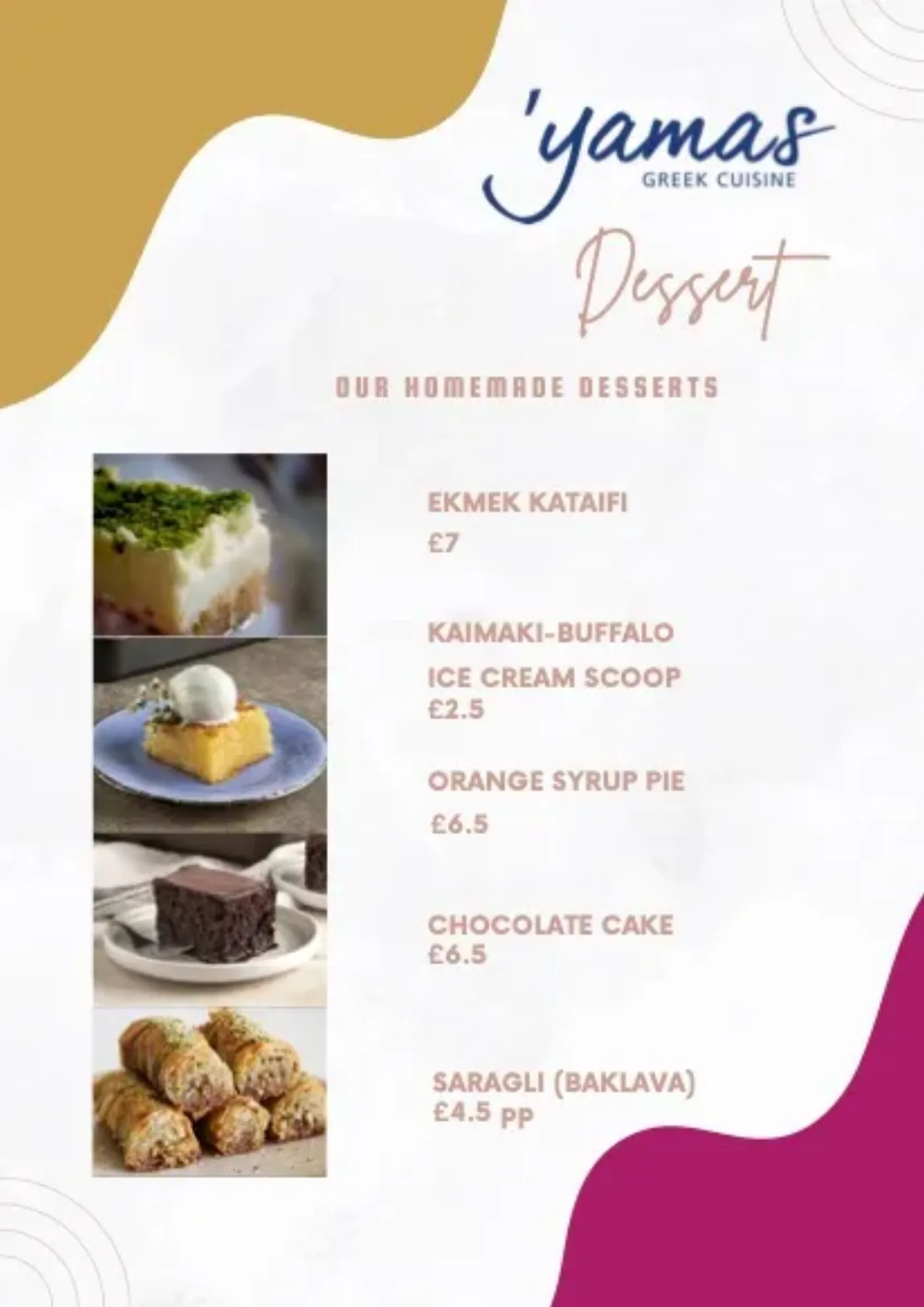 Desserts menu — Yamas